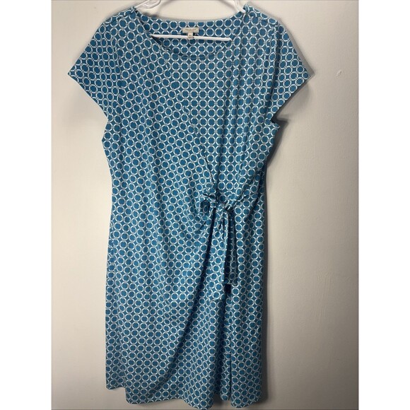 Talbots Petite XLDress Sheath Self Tie Cap Sleeve Stretch Blue Geometric Print - Picture 1 of 14